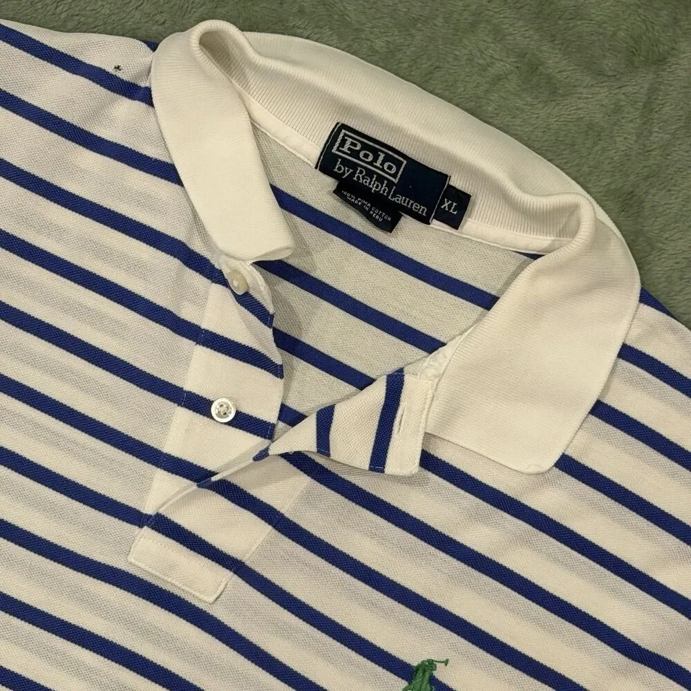 Polo Ralph Lauren Mens XL Pima Cotton Blue White Striped Pony Polo Shirt Preppy